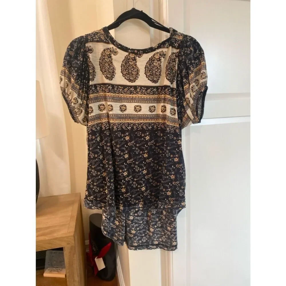 Free People Navy & Cream Paisley Mixed-Print Short Sleeve Top